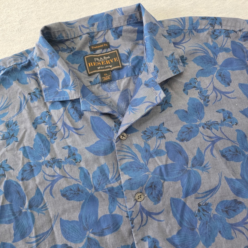 Jos A Bank Reserve Mens XL Blue Floral Leaf Cotton Short Sleeve Button Down